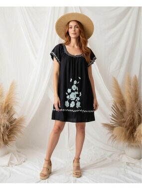 Cute Option Bohemian Black Lined Crepe Embroidered Mini Dress Size L